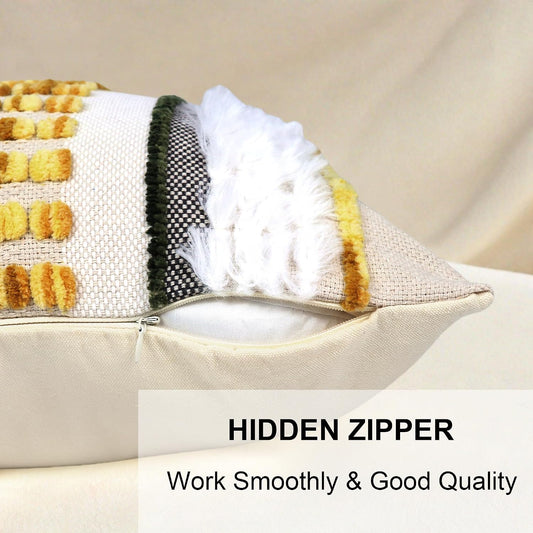 Emvency Boho Throw Pillow Covers 18x18 Inches Set of 2, Yellow and White Chenille Tufted Farmhouse Striped Chic Modern Art Square Decorative Couch Pillowcases for Home Decor Bedroom Sofa Living Room