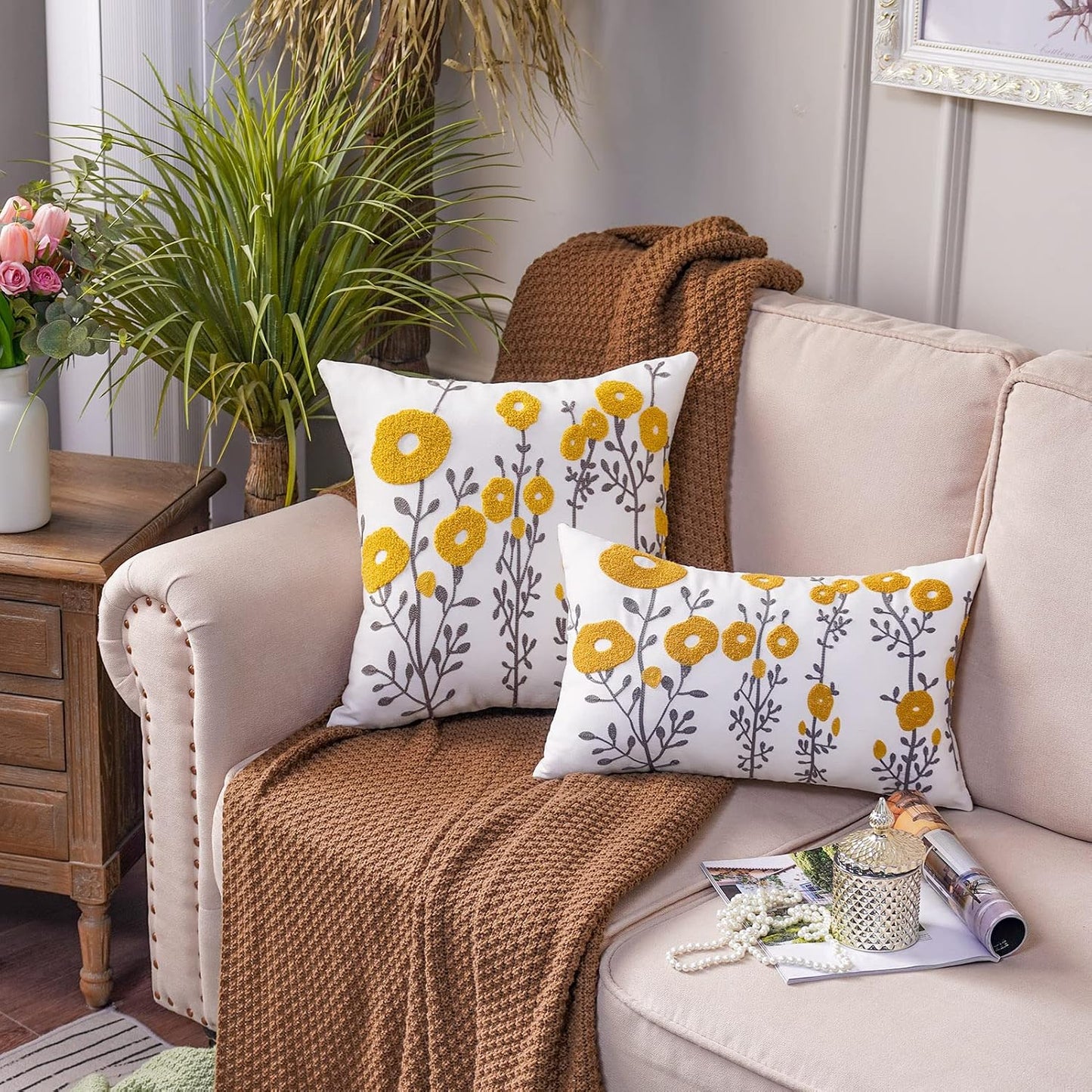 ARTMAGIC Yellow Throw Pillow Cover Embroidered Boho Flower Cushion Covers | Yellow 18"x18" Farmhouse Tufted Cushion Cover, For Couch Sofa Bed, Living Room Bedroom Decor
