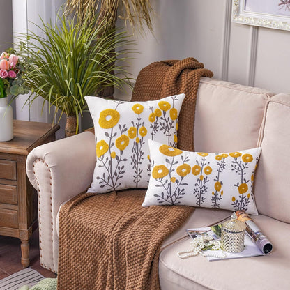ARTMAGIC Yellow Throw Pillow Cover Embroidered Boho Flower Cushion Covers | Yellow 18"x18" Farmhouse Tufted Cushion Cover, For Couch Sofa Bed, Living Room Bedroom Decor