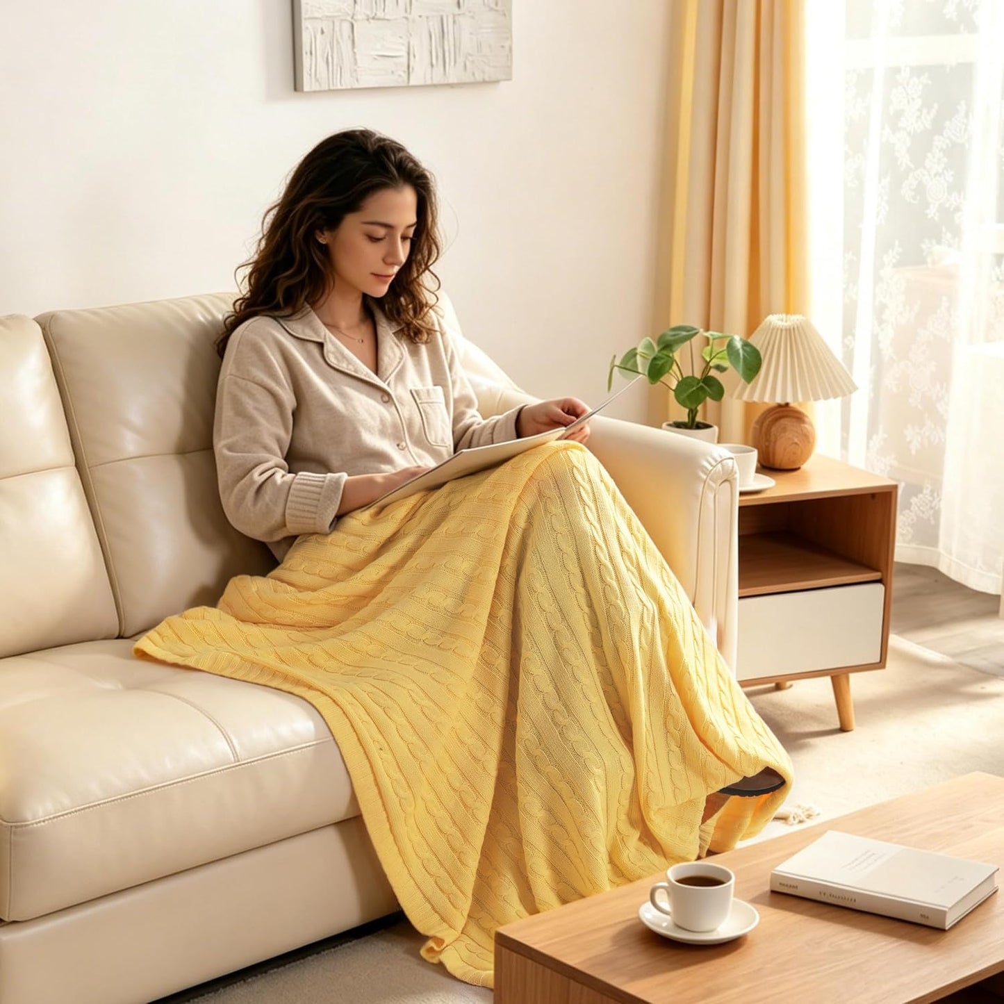 NTBAY 100% Pure Cotton Cable Knit Throw Blanket, Super Soft Warm 51x67 Knitted Throw Blanket for Couch, Sofa, Chair, Bed - Extra Cozy, Machine Washable, Comfortable Home Decor, Yellow