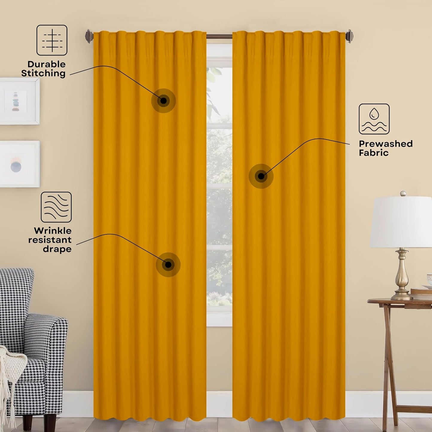 Mustard Yellow Solid Panel Curtains, 84 Inches Long, Set of 2, 100% Cotton, Light Filtering for Privacy, Warm Farmhouse Ambiance, Great for Bedroom, Living Room, 54" W x 84" L