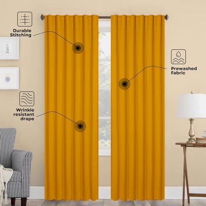 Mustard Yellow Solid Panel Curtains, 84 Inches Long, Set of 2, 100% Cotton, Light Filtering for Privacy, Warm Farmhouse Ambiance, Great for Bedroom, Living Room, 54" W x 84" L