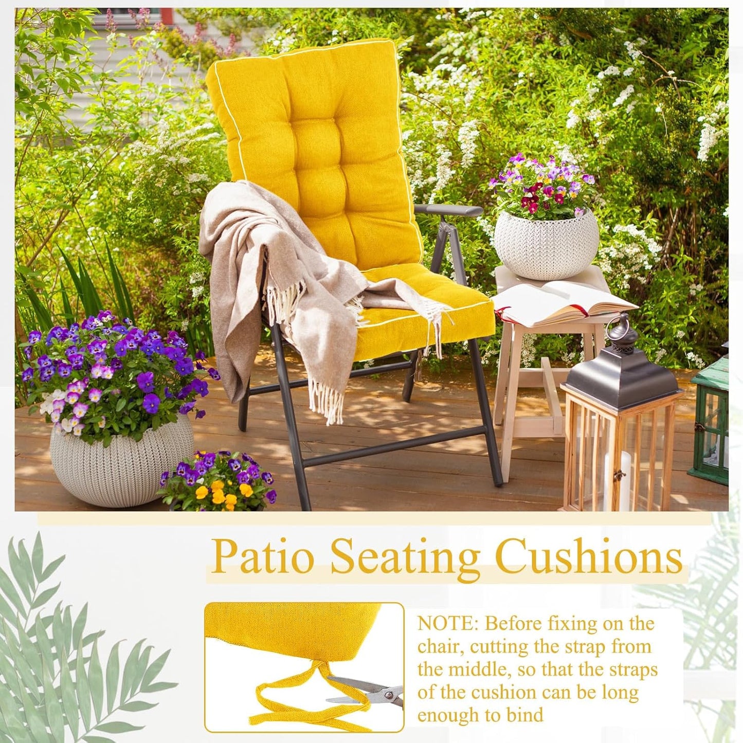 Juexica 4 Sets Outdoor Patio Cushions High Back Outdoor Chair Cushions Rocking Cushion Patio Fastness Chair Pads with Ties for Seasonal Indoor Home Office(Yellow,16 x 16 x 3.5)