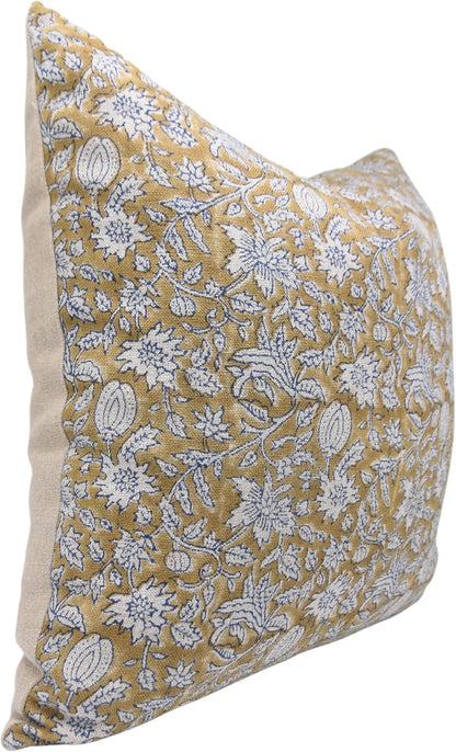 Pillow Covers Handmade Block Print Thick Linen 20X20 Throw Pillowcase Cushion Cover with Zipper for Sofa, Couch, Bed, Fall Decoration, Boho Home Decor, Manikarnika, Light Mustard