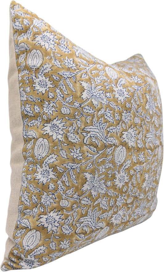 Pillow Covers Handmade Block Print Thick Linen 20X20 Throw Pillowcase Cushion Cover with Zipper for Sofa, Couch, Bed, Fall Decoration, Boho Home Decor, Manikarnika, Light Mustard