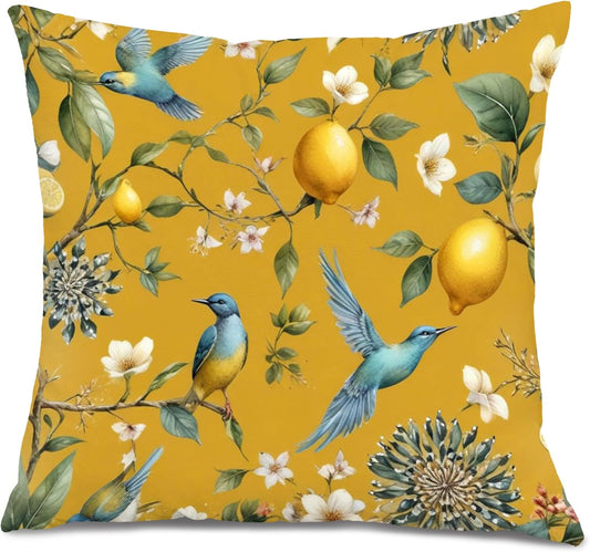 Rustic Yellow Lemon Bird Floral Pillow Covers 18x18, Vintage Lemon Cottagecore Nature Bird Flower Botanical Decorative Throw Pillow Covers for Home Bedroom Living Room
