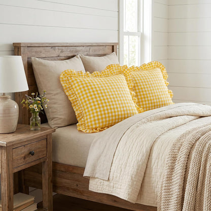 PartyDelight Gingham Throw Pillow Covers Yellow and White Ruffle Plaid Checkered Fall Decorative Farmhouse Euro Pillow Shams 2 Pack for Bed/Sofa Zipper Closure 100% Washed Cotton (18x18Inches)