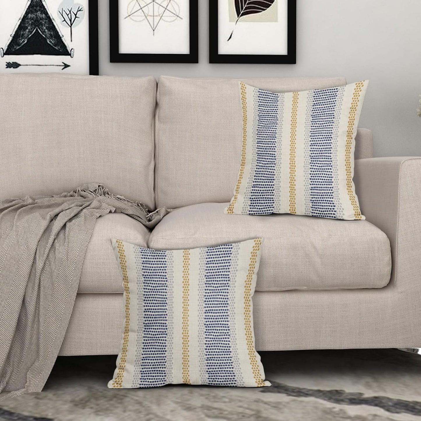 Blue Yellow Pillow Covers 18x18 Set of 2 Gray Grey Dot Print Striped Decorative Throw Pillows Outdoor Boho Rustic Pillowcase Farmhouse Linen Cushion Case Decor for Home Sofa Couch Bed