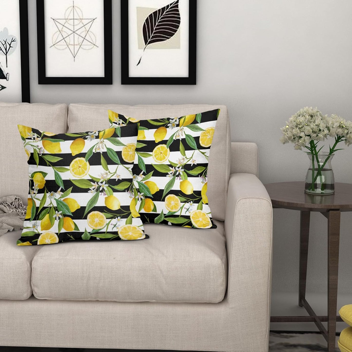 Lemon Pillow Covers 18x18 Inch Set of 2 Summer Fruit Black and White Stripes Linen Cotton Decorative Throw Pillow Case Floral and Leaves Cushion Cover for Bedroom Sofa Living Room Chair Home Decor