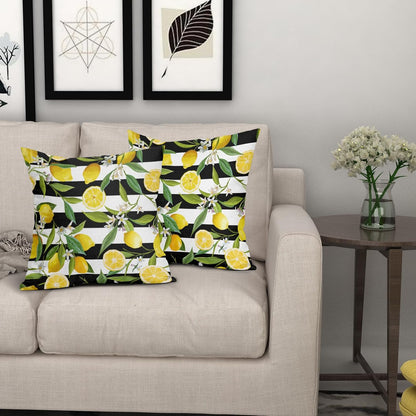 Lemon Pillow Covers 18x18 Inch Set of 2 Summer Fruit Black and White Stripes Linen Cotton Decorative Throw Pillow Case Floral and Leaves Cushion Cover for Bedroom Sofa Living Room Chair Home Decor