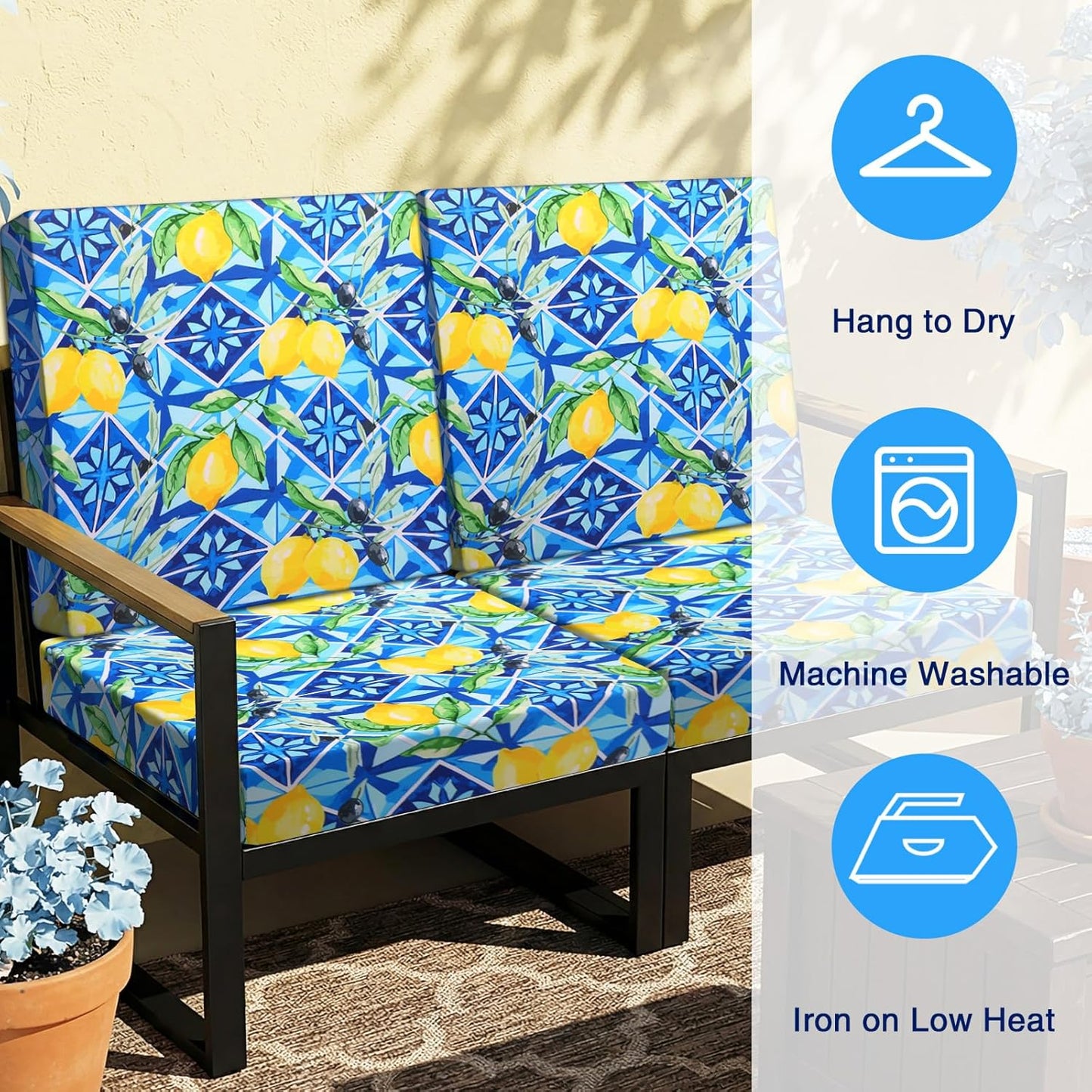Newwiee 12 Pcs Patio Cushion Covers Outdoor Stretch Sofa Couch Cover Replacement Couch Slipcover Sofa Seat Chair Porch Patio Furniture Protector, Flexibility Washable(Blue Series,Yellow Lemon)