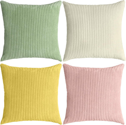 Thmyo Boho Farmhouse Decorative Throw Pillow Covers 18x18 Inch Set of 4 Soft Corduroy Cushion Covers for Mordern Couch Bed Sofa Chair Living Room Home Decor, Cream White/Green/Pink/Yellow