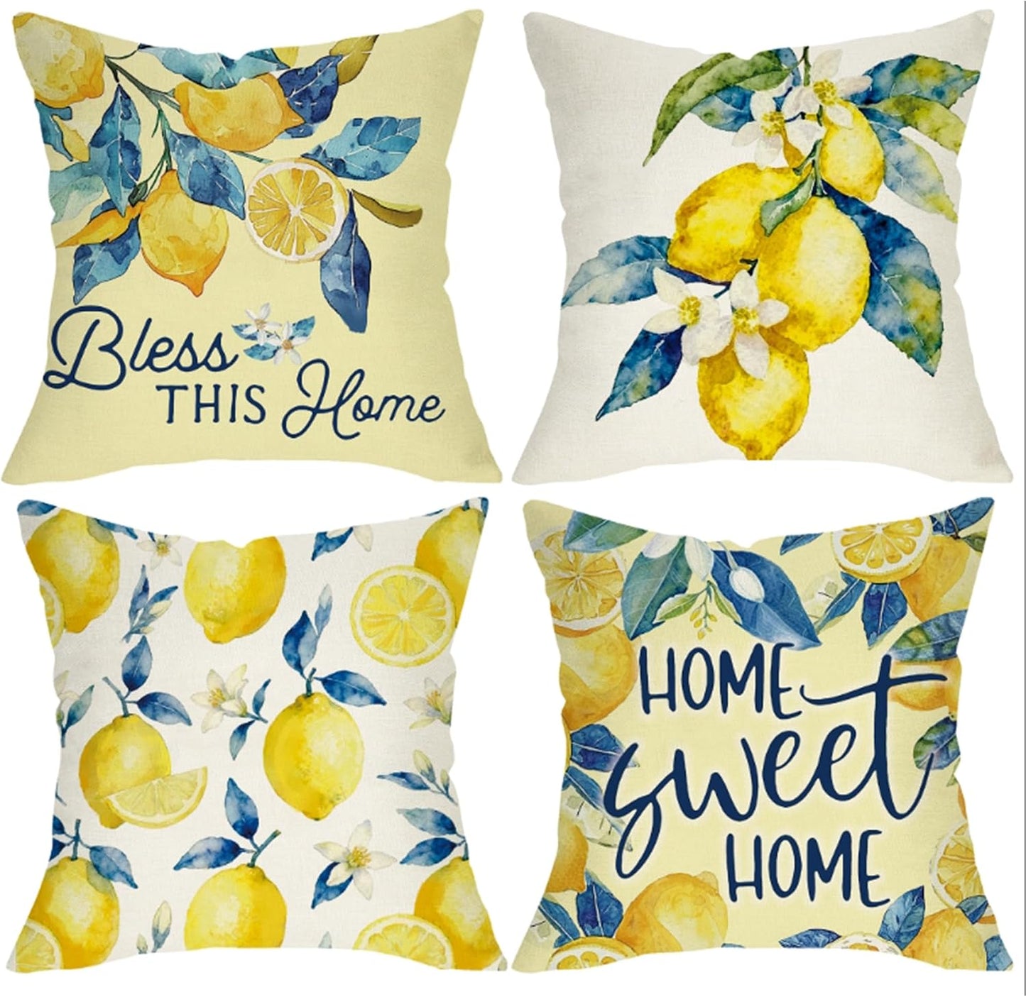 Lemon Decorative Throw Pillow Covers 18 x 18 Set of 4, Home Sweet Home Citrus Fruit Floral Botanical Family Porch Outdoor Decor, Spring Summer Bless This Home Farmhouse Sofa Couch Cushion Case