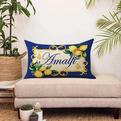 Italy Capri Blue Lemon Lumbar Decorative Throw Pillow Cover 12 x 20, Rectangular Italian Amalfi Coast Citrus Porch Outdoor Home Decor, Summer Mediterranean Sofa Couch Cushion Case