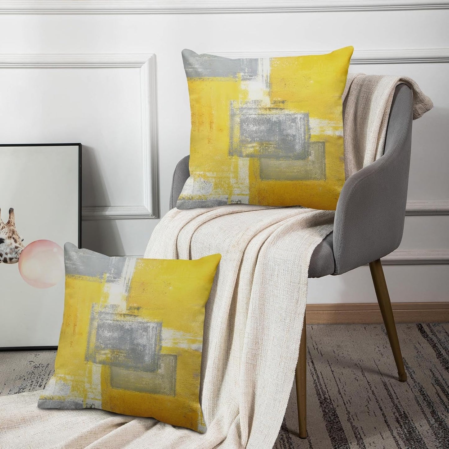 Britimes Throw Pillow Covers Modern Home Art Decor, 18 x 18 Inches Set of 2 Pillow Cases Decorative, Abstract Oil Painting Pillowcases for Bedroom, Living Room, Cushion Couch Sofa, Yellow Grey