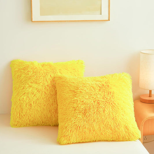 Plush Yellow Throw Pillow Cases Ultra Soft Fuzzy Fluffy Throw Pillow Covers with Furry Texture and Shaggy Touch, Faux Fur Cushion Shams for Sofa or Bed, Set of 2 with Zipper 18"x18"