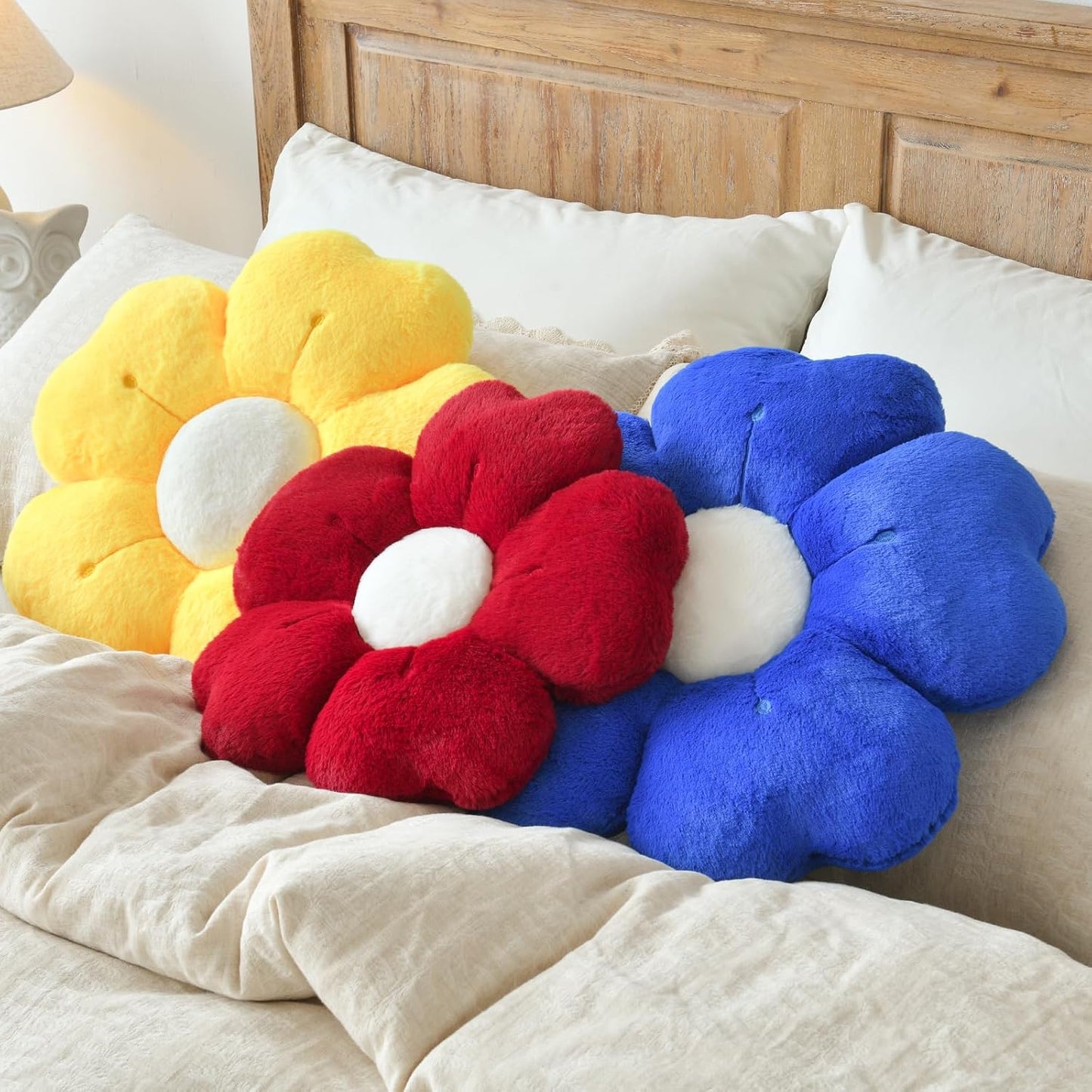 Flower Shaped Pillow, Cute Decorative Throw Pillows with Soft Artificial Rabbit Fur for Couch Bed Chair Floor, Christmas Pillow Seating Cushions with Room Décor for Bedroom (14.9 Inches, Yellow)