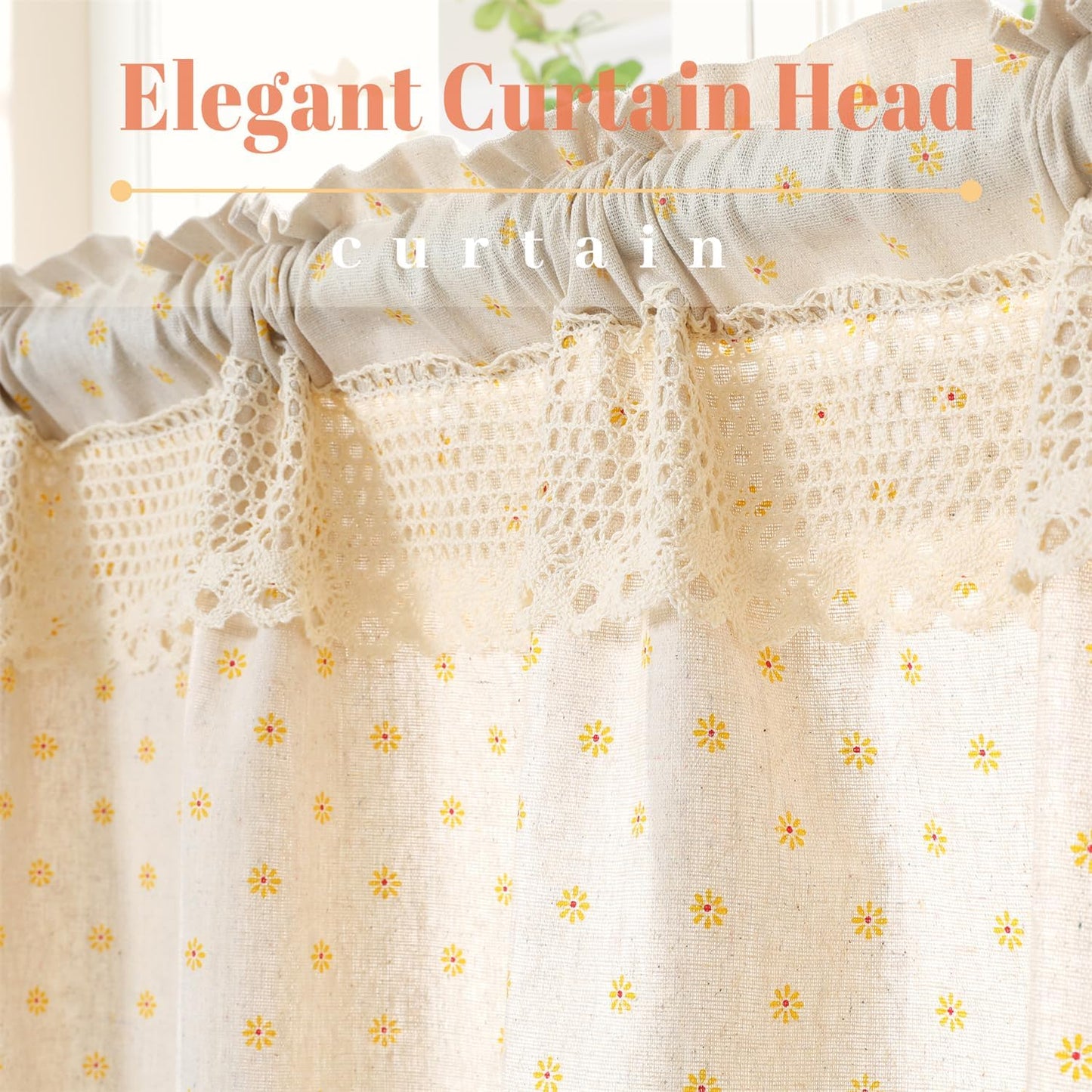 Farmhouse Cotton Linen Tier Curtain 24 Inch Long Elegant Floral Lace Window Valance Kitchen Bathroom Short Curtain, 1 Panel, Yellow Daisy