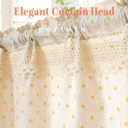 Farmhouse Cotton Linen Tier Curtain 24 Inch Long Elegant Floral Lace Window Valance Kitchen Bathroom Short Curtain, 1 Panel, Yellow Daisy