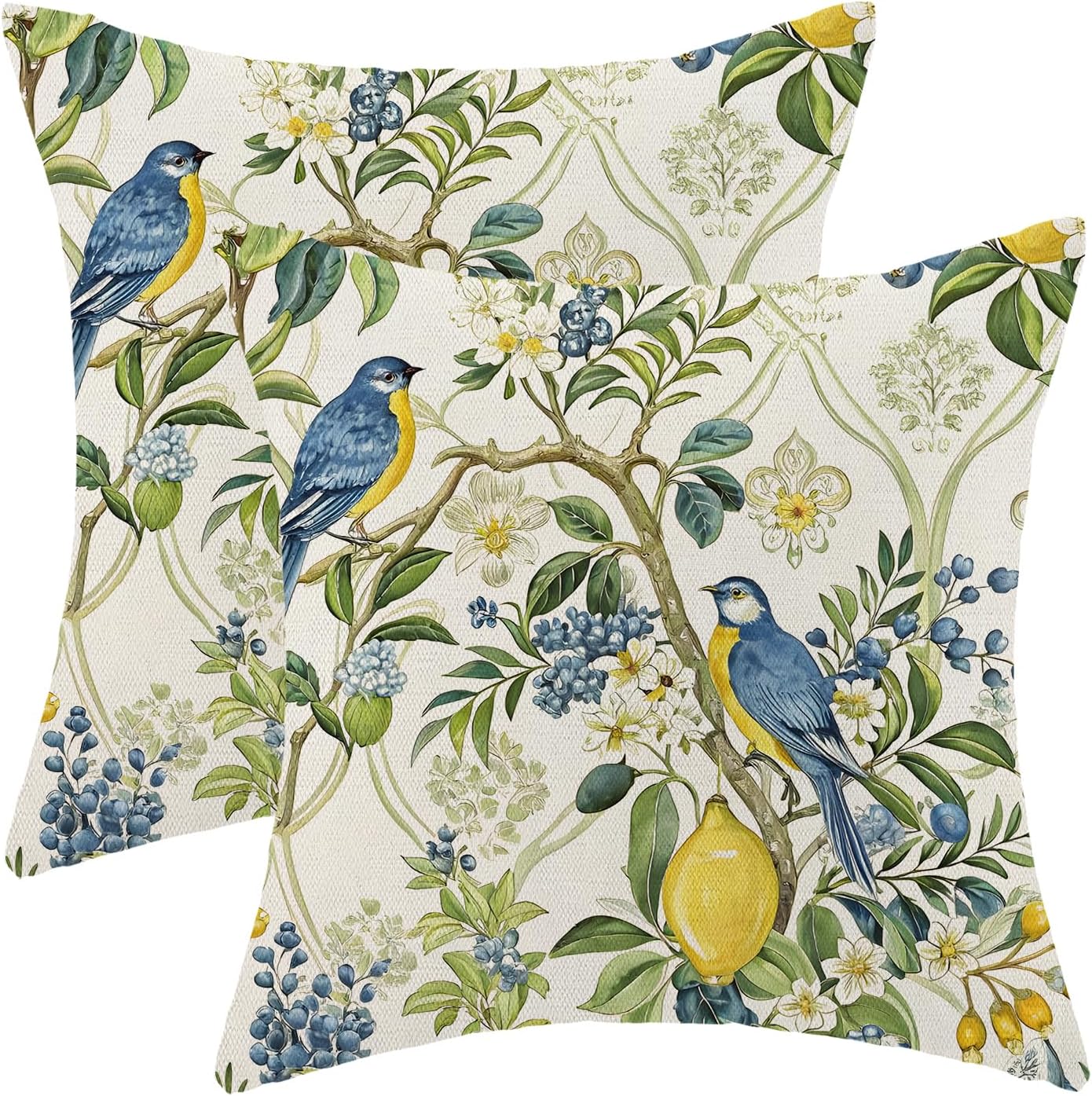 Chinoiserie Blue and Green Floral Bird Pillow Covers 18x18 Set of 2, Yellow Lemon Flower Summer Decorative Throw Pillows Farmhouse Linen Outdoor Cushion Case for Home Couch Sofa Decor