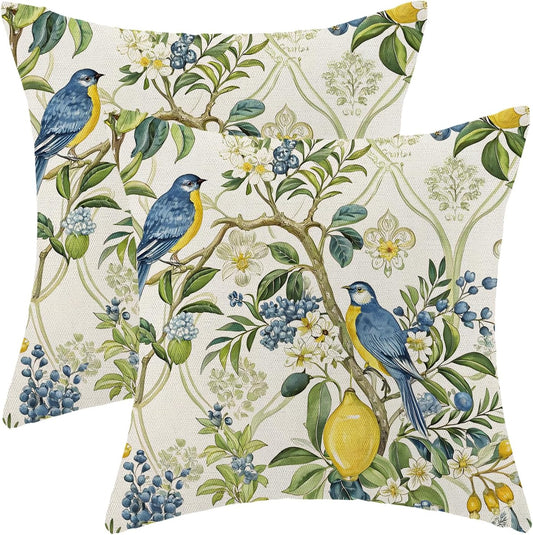 Chinoiserie Blue and Green Floral Bird Pillow Covers 18x18 Set of 2, Yellow Lemon Flower Summer Decorative Throw Pillows Farmhouse Linen Outdoor Cushion Case for Home Couch Sofa Decor