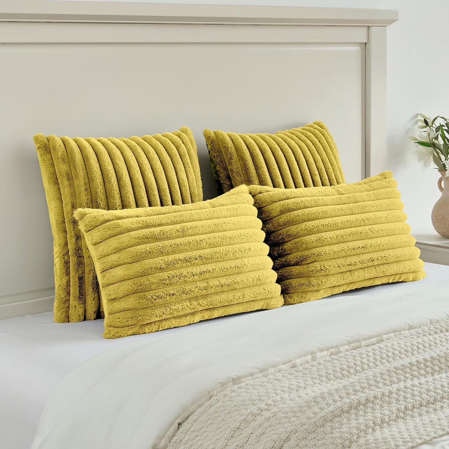 FUTEI Pack of 2 Fluffy Faux Fur Throw Pillow Covers 18x18 Inch Elegant Striped Textured Decorative Cushion Cases Modern Accent Pillow for Couch Bed Living Room, Mustard Yellow