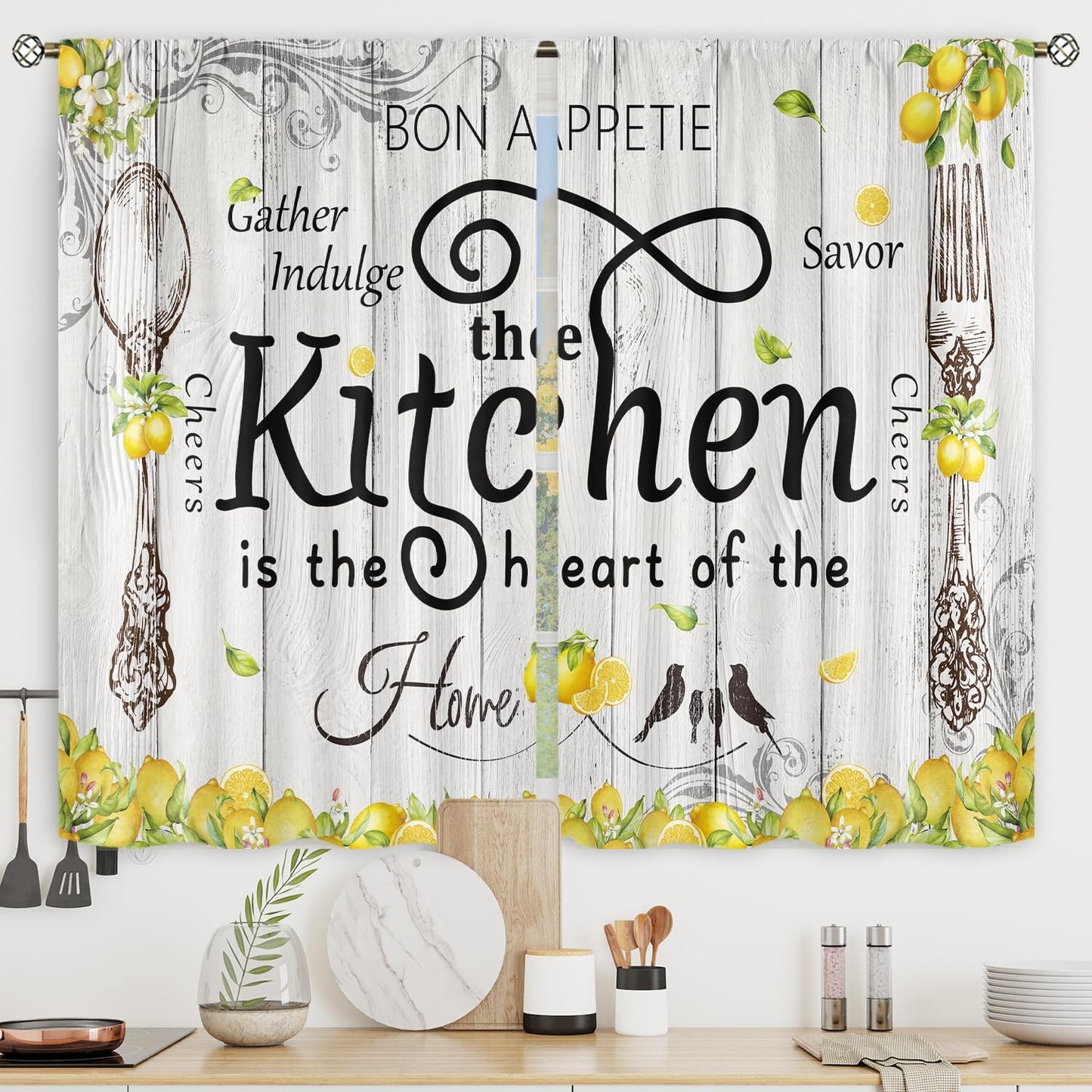 Riyidecor Lemon Kitchen Curtains Short Small Rustic Farmhouse Yellow Fruit Country Wooden Barn Plant Fork and Spoon Botanical Rod Pocket Bedroom Living Room Treatment Fabric 2 Panels 27.5Wx39H Inch