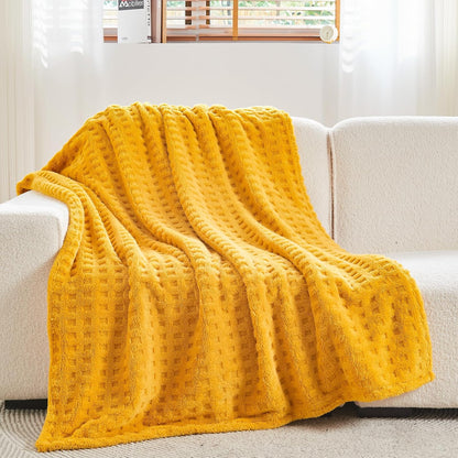 NEWCOSPLAY Super Soft Throw Blanket Yellow Premium Silky Flannel Fleece 3D Waffle Checkered Lightweight Bed Blanket All Season Use (Mustard Yellow, Throw(50"x70"))