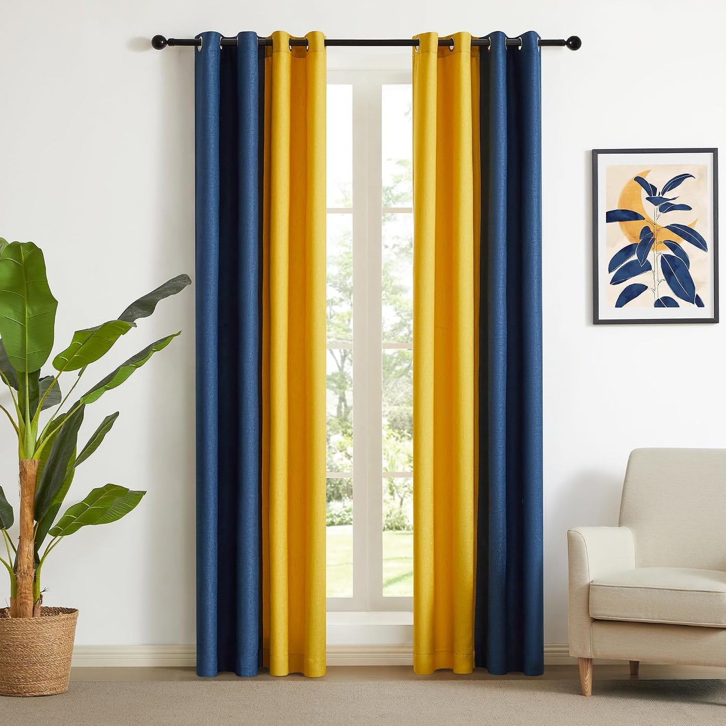 PRIMROSE Navy Blue Yellow Linen Curtains 84 inch Long for Living Room Set of 2 Panels Blackout Thermal Insulated Room Darkening Ombre Curtains Window Drapes for Bedroom Grommet