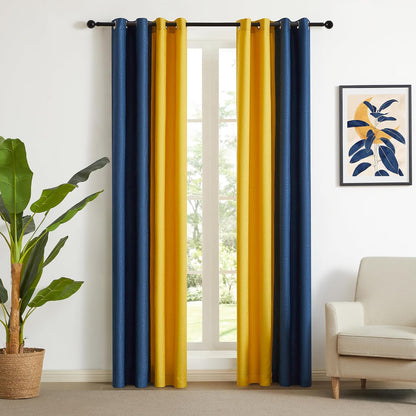 PRIMROSE Navy Blue Yellow Linen Curtains 84 inch Long for Living Room Set of 2 Panels Blackout Thermal Insulated Room Darkening Ombre Curtains Window Drapes for Bedroom Grommet
