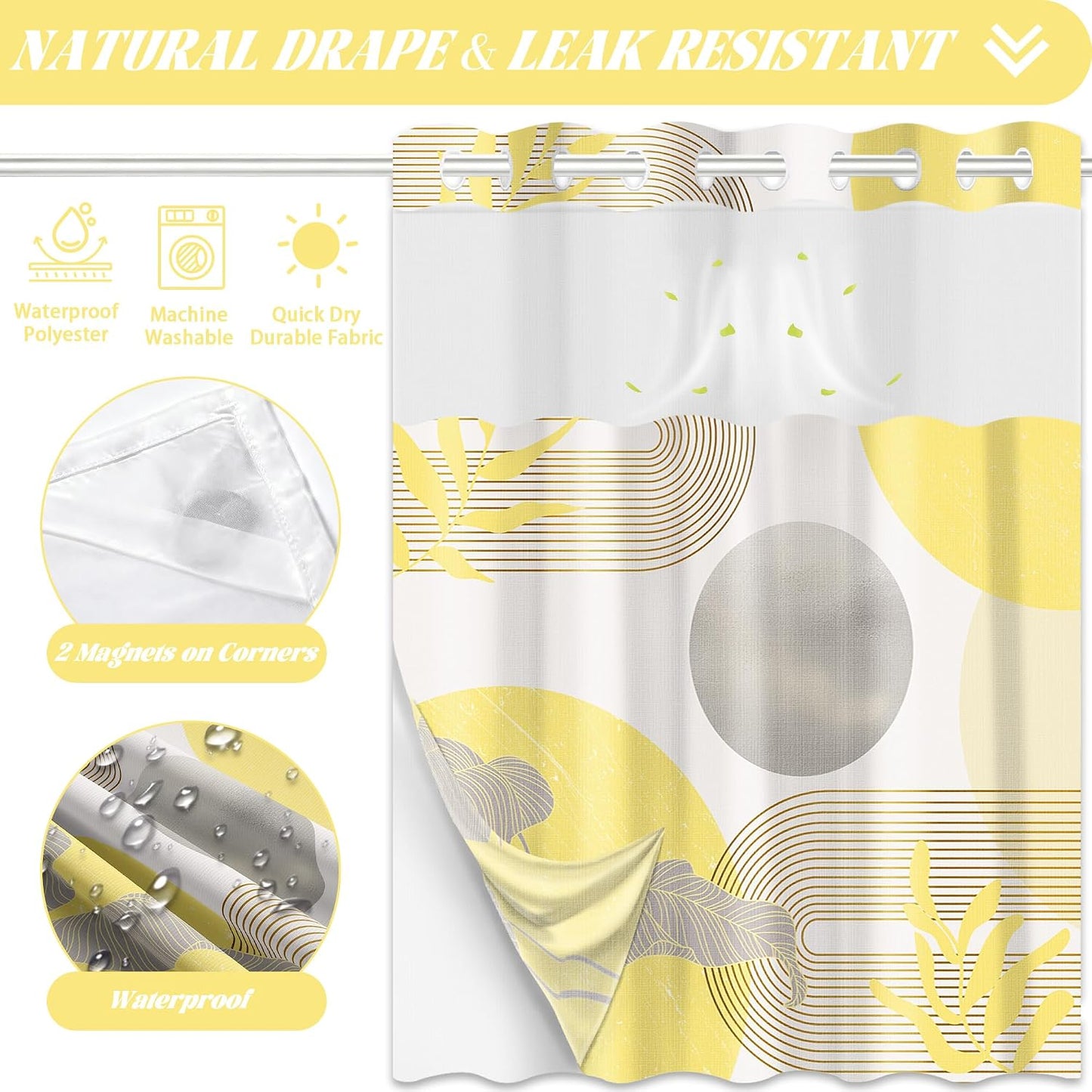 Mustard Yellow and Grey Hookless Shower Curtain with Snap in Liner, Yellow and White No Hook Double Layer Shower Curtain and Liner Set, Waterproof Cloth Fabric, 71" W x 86" L (Pack of 1)