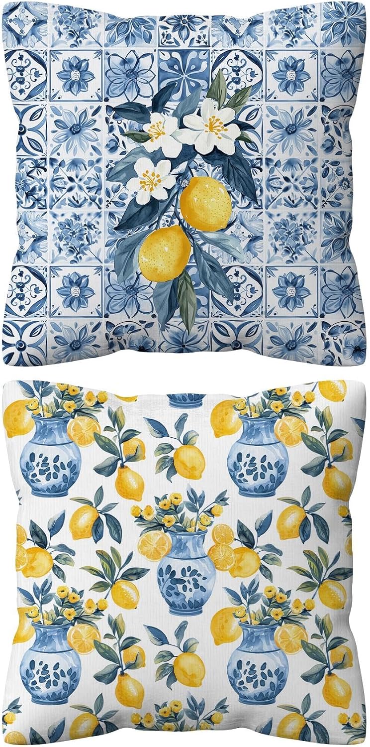 kdqua Italian Lemon Pillow Covers 18x18, Mediterranean Lemon Decorations Throw Pillow Cover, Blue and White Amalfi Coast Summer Fruit Pillowcase Covers for Sofa Home Decor