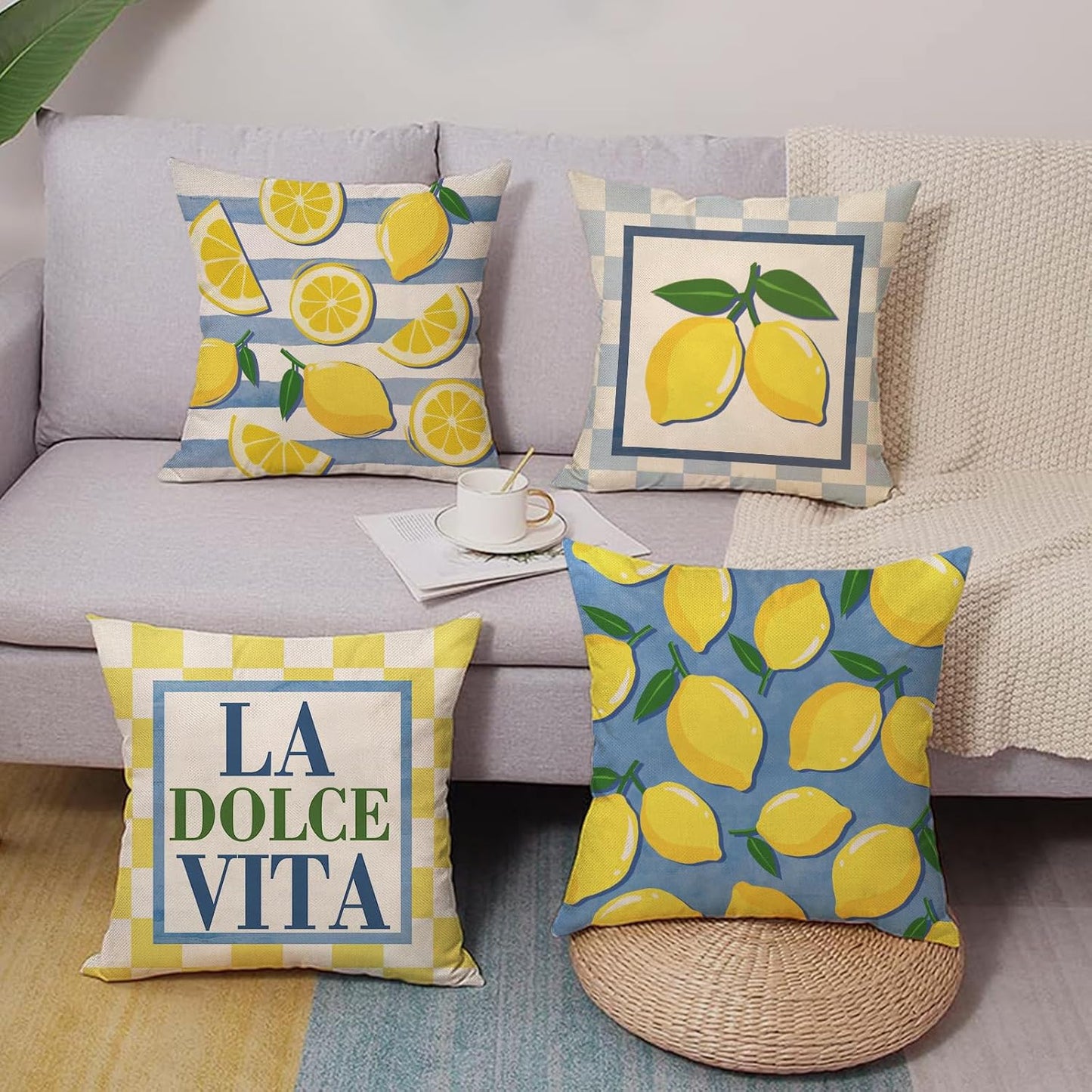 Lemon Theme Decorative Throw Pillow Covers 18 x 18 Set of 4, Italy La Dolce Vita Citrus Fruit Yellow Blue Plaid Stripes Porch Outdoor Home Decor, Summer Mediterranean Sofa Couch Cushion Case