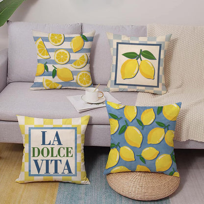 Lemon Theme Decorative Throw Pillow Covers 18 x 18 Set of 4, Italy La Dolce Vita Citrus Fruit Yellow Blue Plaid Stripes Porch Outdoor Home Decor, Summer Mediterranean Sofa Couch Cushion Case