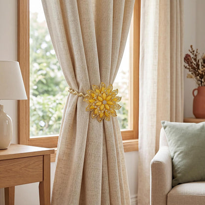 2 Pack Gold Yellow Flower Curtain Tiebacks Window Holdback Buckles | Tie Backs Holders Stretchable Wire Rope Amber Warm Accent Bright Elegant Toolless Clasp Flexible Loop Sheer Thick Panels