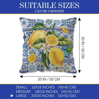 Lemon Pillow Covers 20x20, Home Sweet Home Throw Pillowcase, Yellow and Blue Mediterranean Summer Decor Italian Themed Tile Flower Pattern Square Cushion Covers for Sofa Bed Couch Set of 4