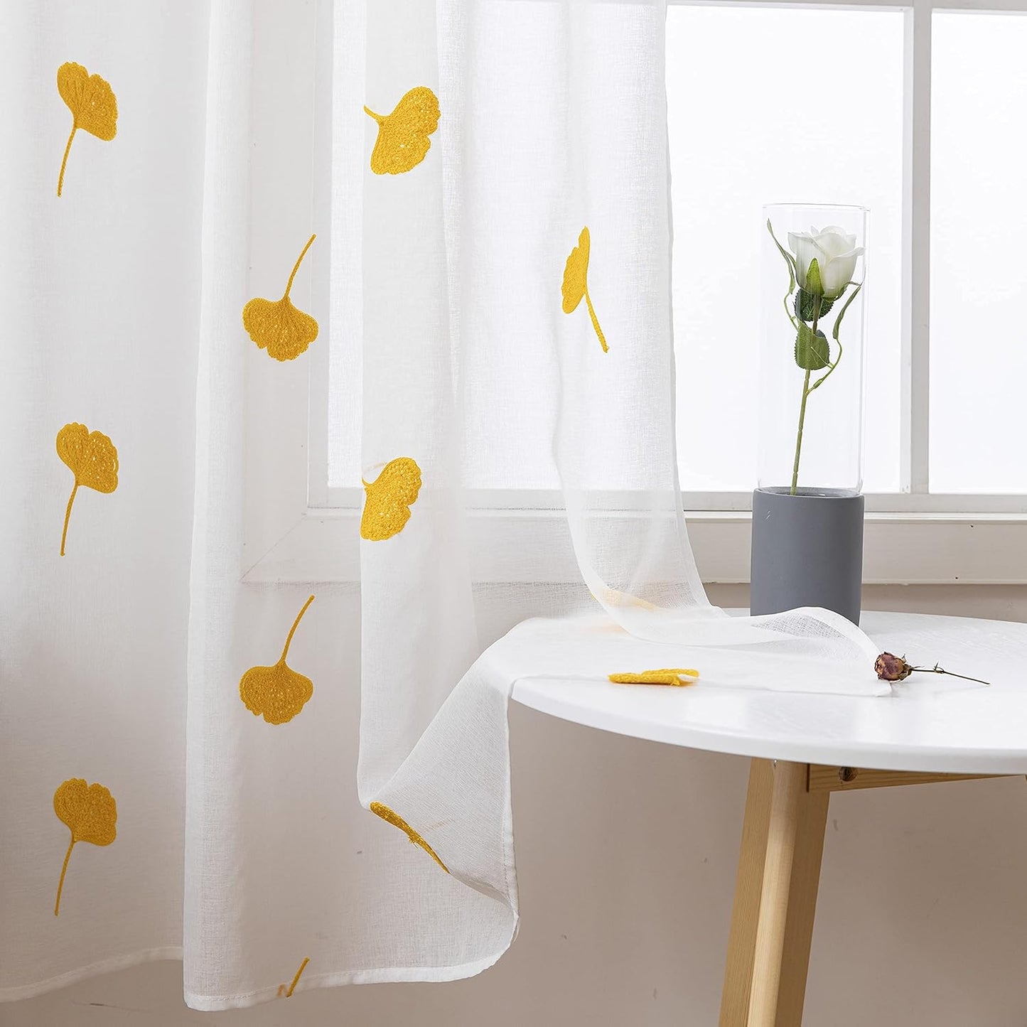 Yellow Sheer Curtains 84 Inches Long Embroidered Leaf Patterned Linen Look Floral Semi Sheer Curtain for Kids Bedroom Living Room Grommet Voile Drapes 2 Panels