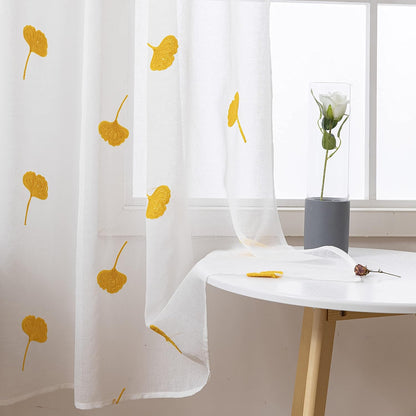 Yellow Sheer Curtains 84 Inches Long Embroidered Leaf Patterned Linen Look Floral Semi Sheer Curtain for Kids Bedroom Living Room Grommet Voile Drapes 2 Panels