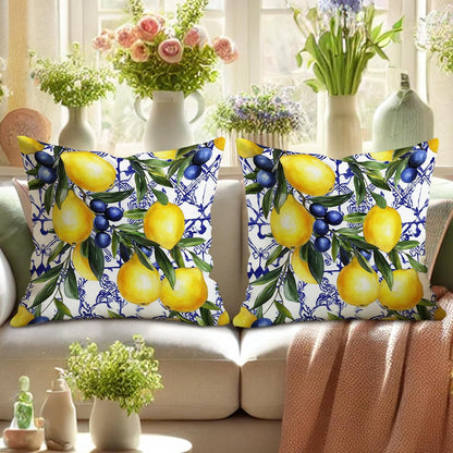 Lemon and Blueberry Throw Pillow Covers Set of 2, Bright Yellow and Blue Floral Cushions, Summer Decorative Square Farmhouse Decor for Home Couch Sofa Bed 16x16 Inch
