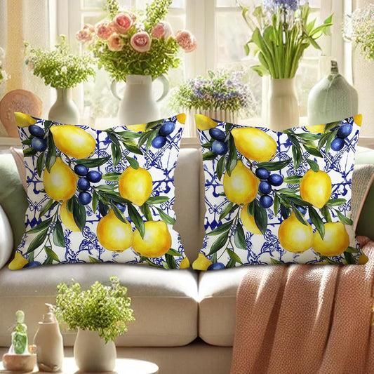 Lemon and Blueberry Throw Pillow Covers Set of 2, Bright Yellow and Blue Floral Cushions, Summer Decorative Square Farmhouse Decor for Home Couch Sofa Bed 16x16 Inch