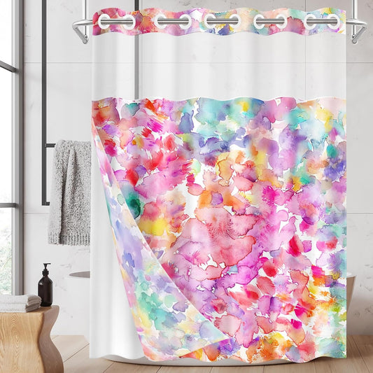 No Hook Pink Teal Blue Yellow Shower Curtain with Snap in Fabric Liner Set, Polka Dot Colorful Double Layers Waterproof Fabric with See Through Top Window Open Grommet Bath Curtain 71x74 Inch