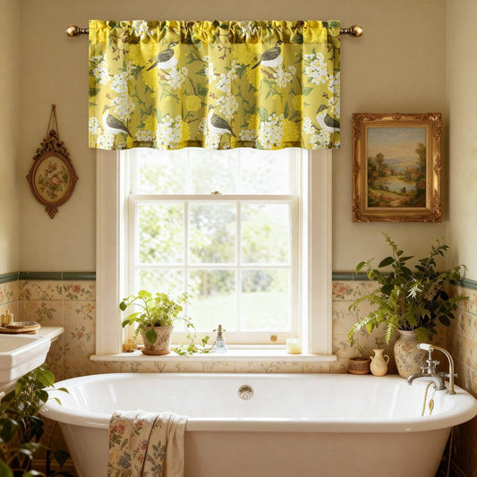 Leeva Farmhouse Style Yellow Floral Valance Curtains, 52x18 Rod Pocket Window Treatment for Kitchen Living Room Bedroom, Linen Textured Bird Print