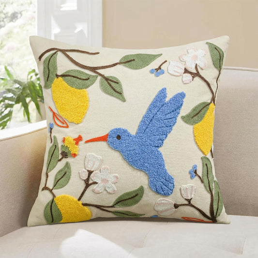 AVOIN colorlife Floral Lemon Hummingbird Embroidered Throw Pillow Cover, 18 x 18 Inch Holiday Flowers Spring Summer Decorative Tufted Patterned Linen Cushion Case for Sofa Couch