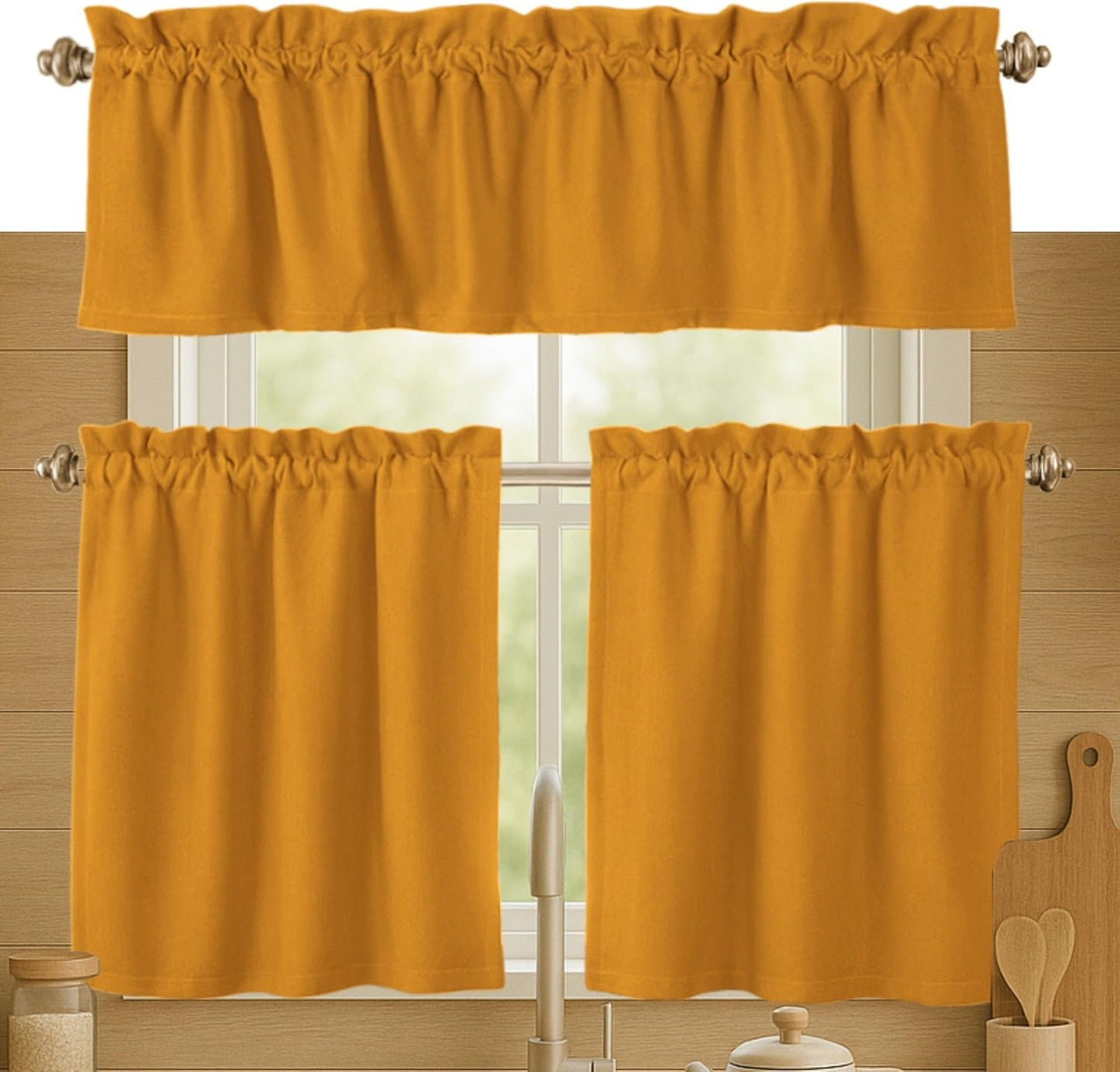 3 Piece Window Curtain Set, 100% Cotton, 2 Tiers 26x36 Inch & 1 Valance 54x18 Inch, Semi Sheer, Rod Pocket, Short Curtains for Kitchen, Café, Living Room, Bathroom, Mustard Yellow