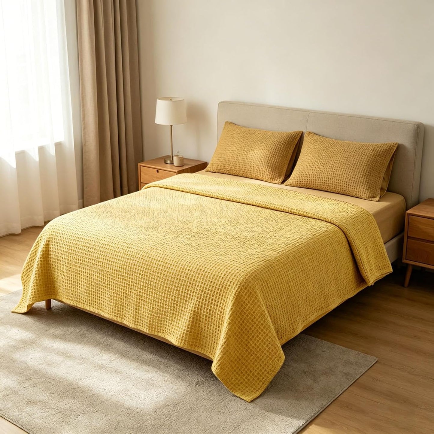 100% Cotton Blanket, Cooling Breathable and Soft for Summer, Breathable Waffle Blanket, Thick Cozy Waffle Weave Gifts, All Season (Yellow, S)