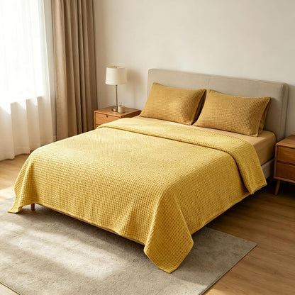 100% Cotton Blanket, Cooling Breathable and Soft for Summer, Breathable Waffle Blanket, Thick Cozy Waffle Weave Gifts, All Season (Yellow, S)