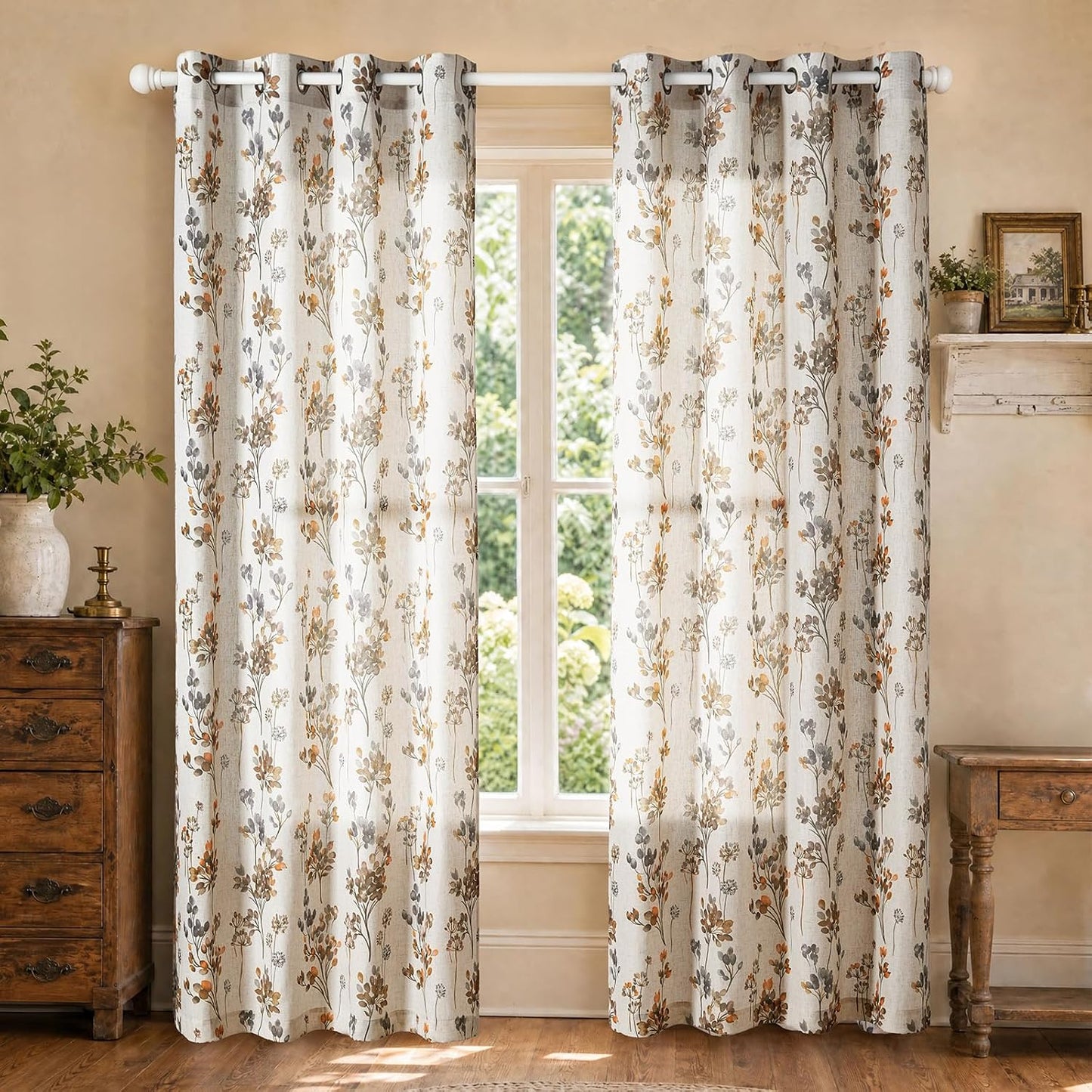 Floral Linen Curtains 72 inch Length 2 Panels Set Flower Patterned Semi Sheer Light Filtering Privacy Farmhouse Grommet Drapes for Living Room, Yellow, 52" W X 72" L, Tan
