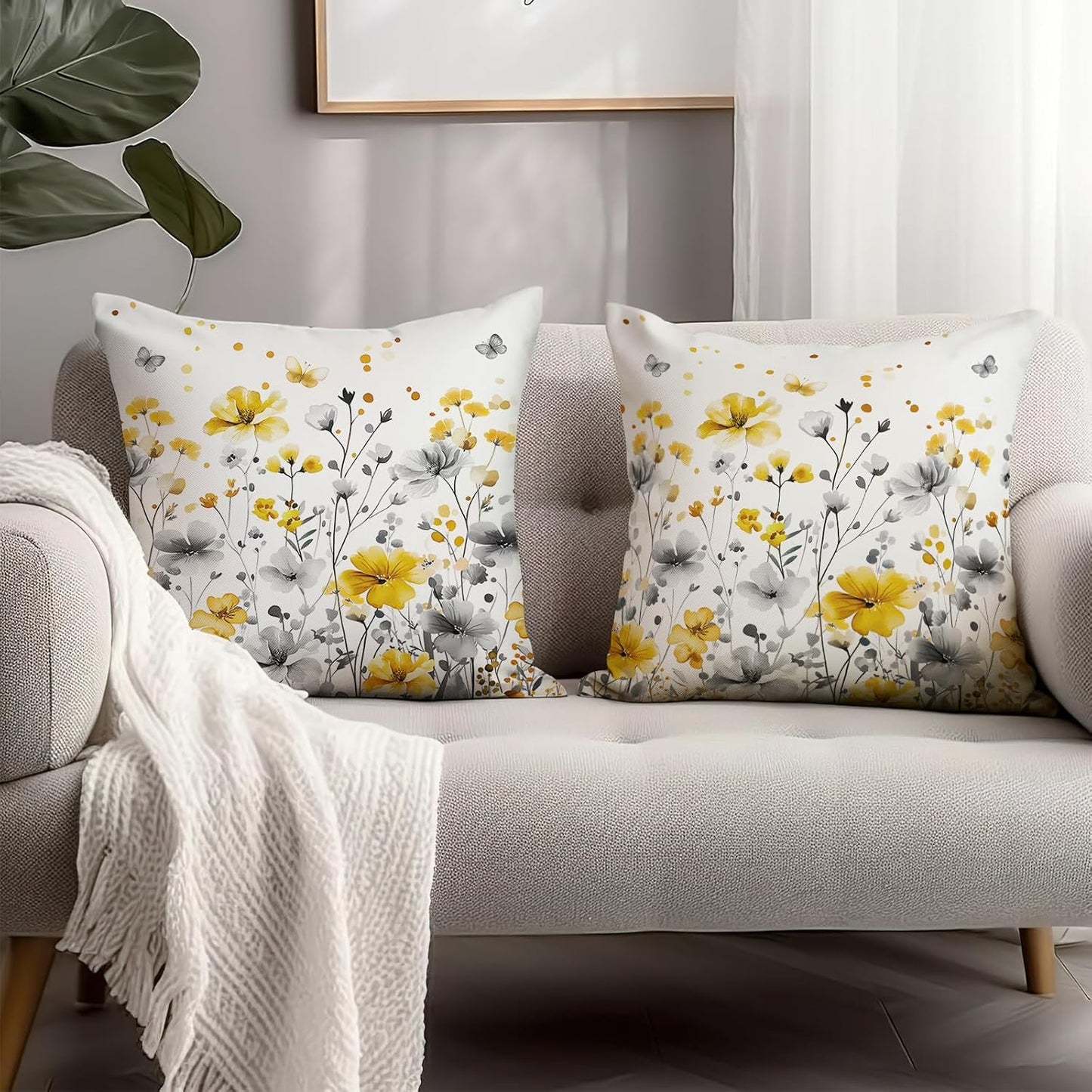 Spring Summer Flowers Pillow Throw Covers 18x18 Inch Yellow Gray Floral Pillow Covers Seasonal Decorative Pillowcases Cushion Case for Home Sofa Couch Bed Set of 2