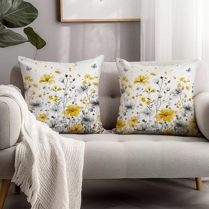 Spring Summer Flowers Pillow Throw Covers 18x18 Inch Yellow Gray Floral Pillow Covers Seasonal Decorative Pillowcases Cushion Case for Home Sofa Couch Bed Set of 2