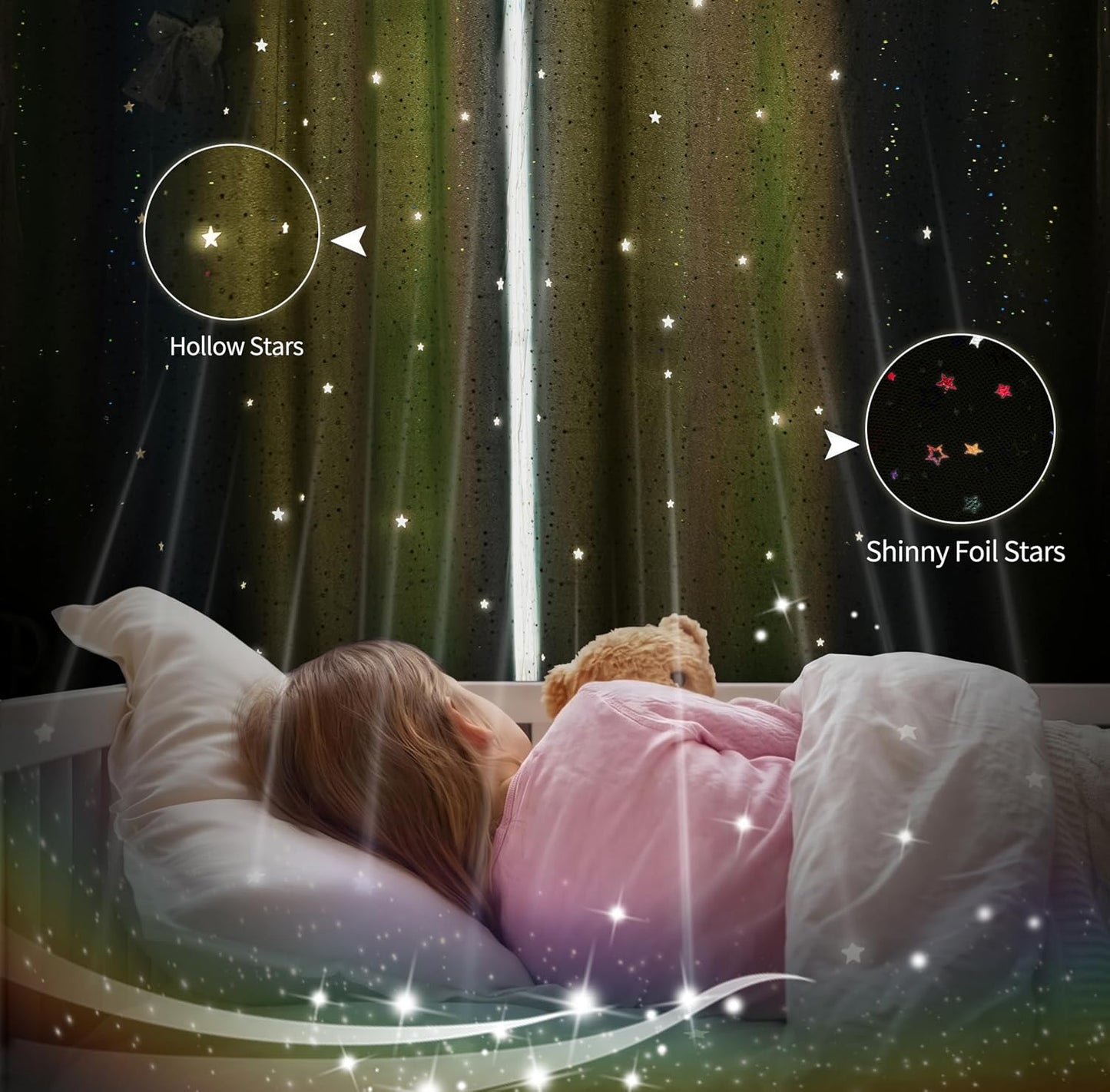 52x63 2-in-1 Double-Layer Kids & Girls Unicorn Princess Ombre Blackout Curtains with Foil Print Sheer, 2 Panels Set - Green Yellow Blue